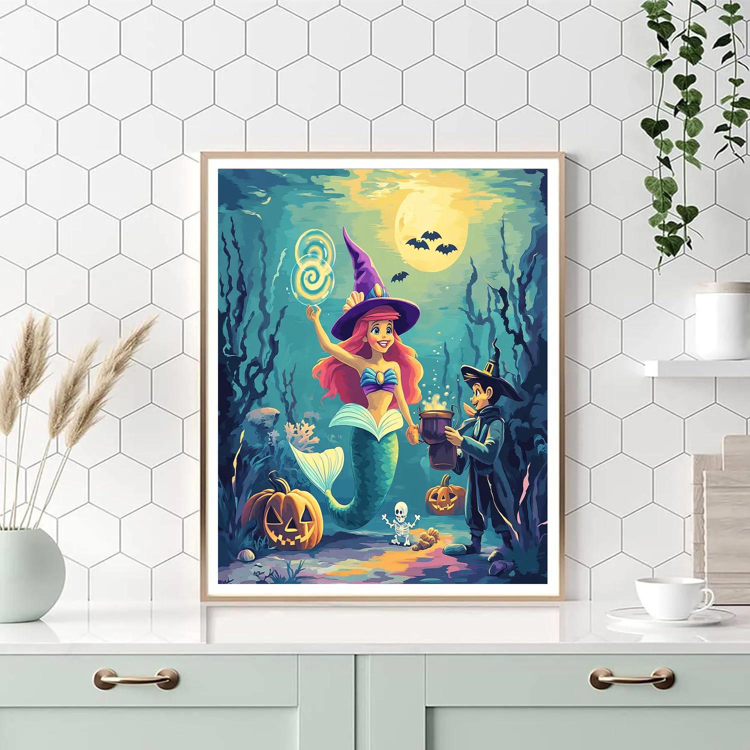 Ariel Witchy Lagoon Spellcasting Under The Floating Pumpkin Moon paint by number