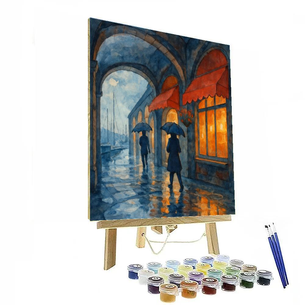 Rainy Harbor Arcade With Candlelit Windows Numbered painting kits