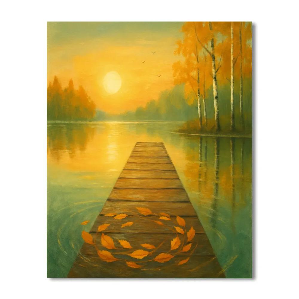 Sunrise Dock With Drifting Leaves paint by number