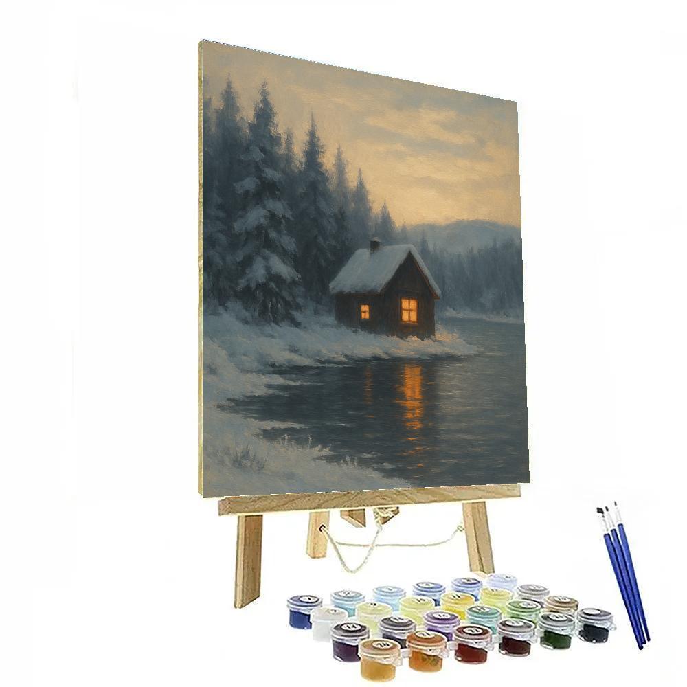 Cabin Window Glow Across Winter Water Numbered painting kits