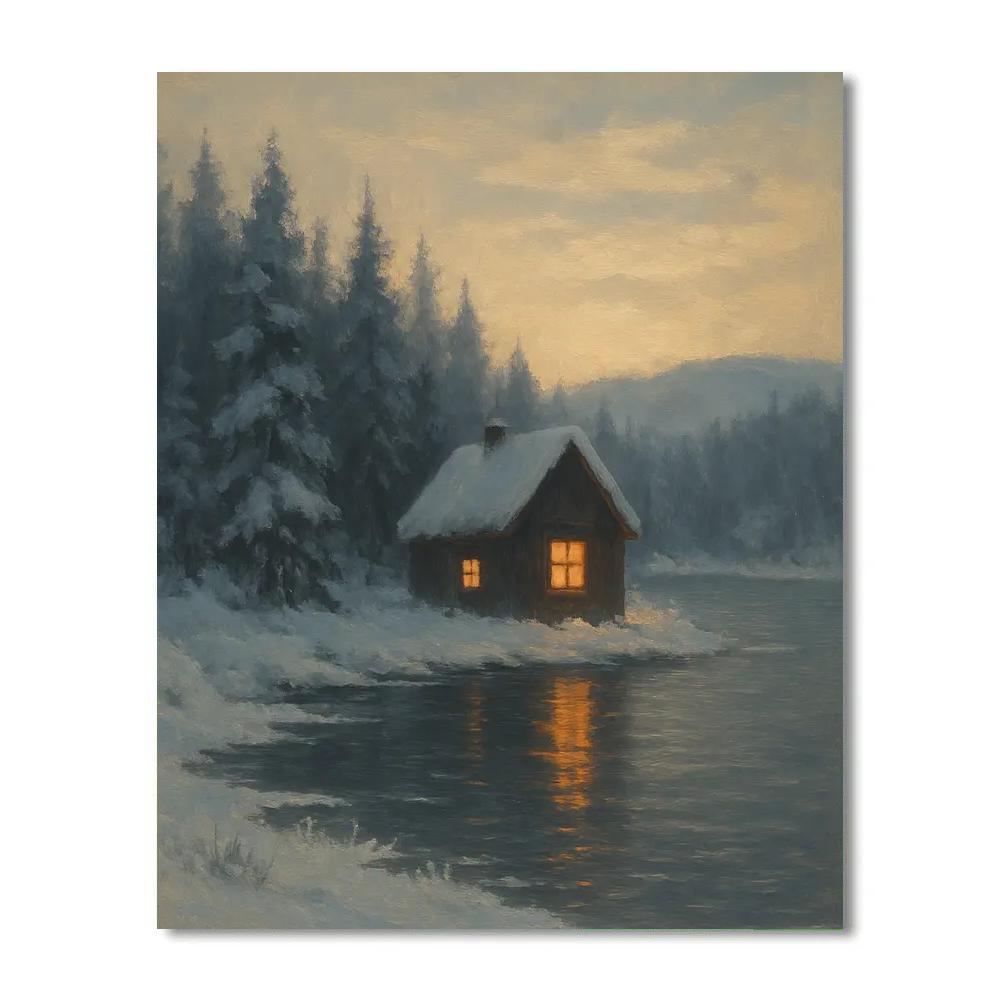 Cabin Window Glow Across Winter Water Numbered painting kits