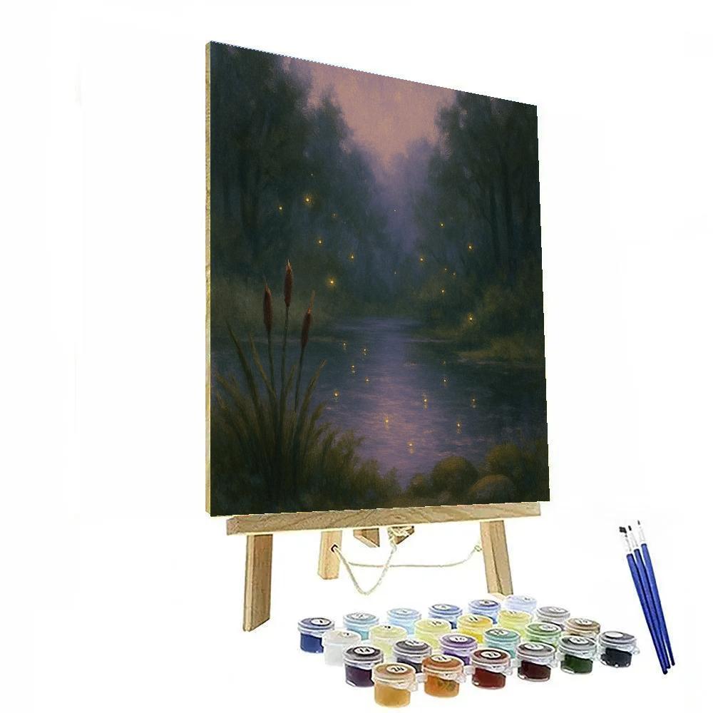 Twilight Fireflies Over Forest Pond painting number kit