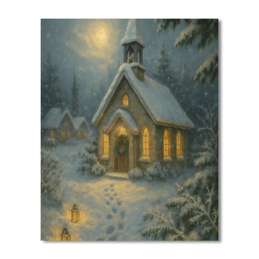 Frosted Chapel Under Falling Light Number painting