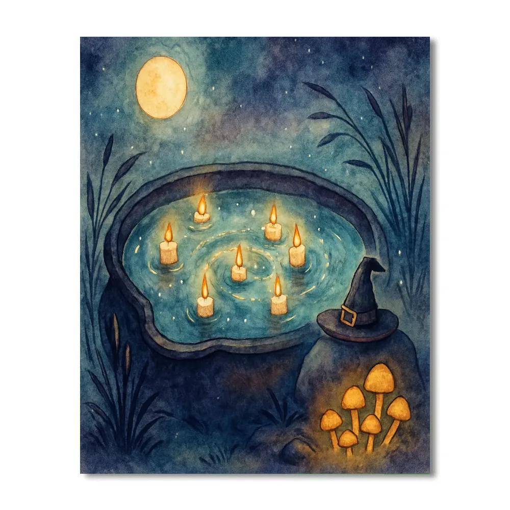 Moonlit Cauldron Pond With Floating Candles paint by numbers