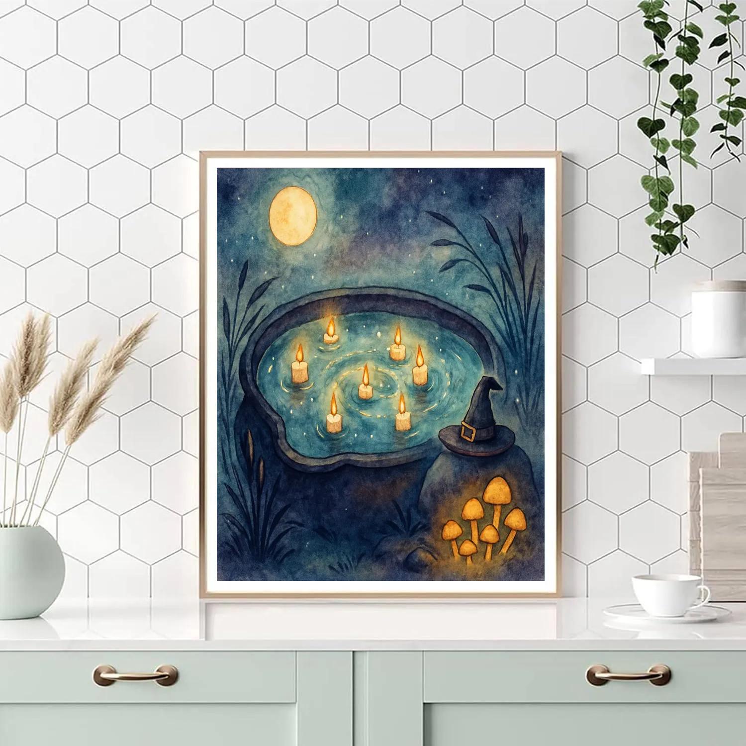 Moonlit Cauldron Pond With Floating Candles paint by numbers