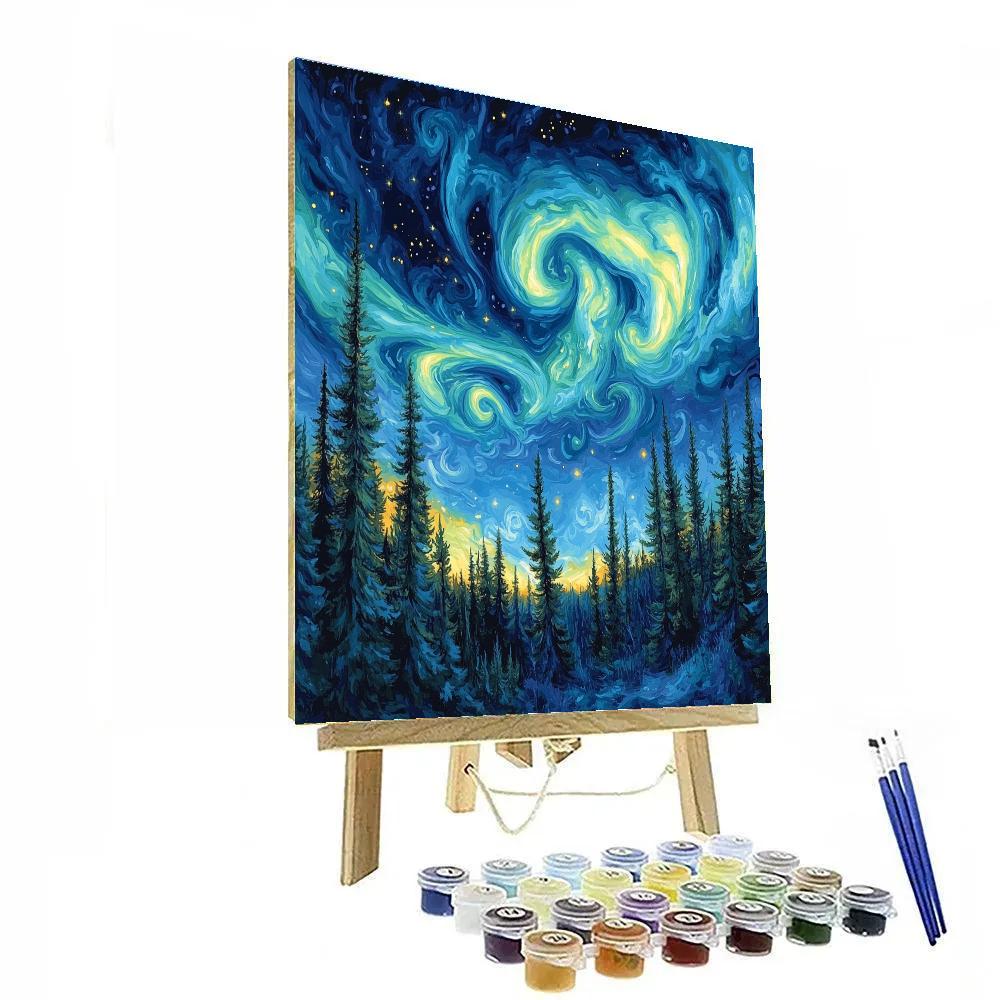 Van Gogh Inspired Aurora Over Pine Forest DIY paint by numbers