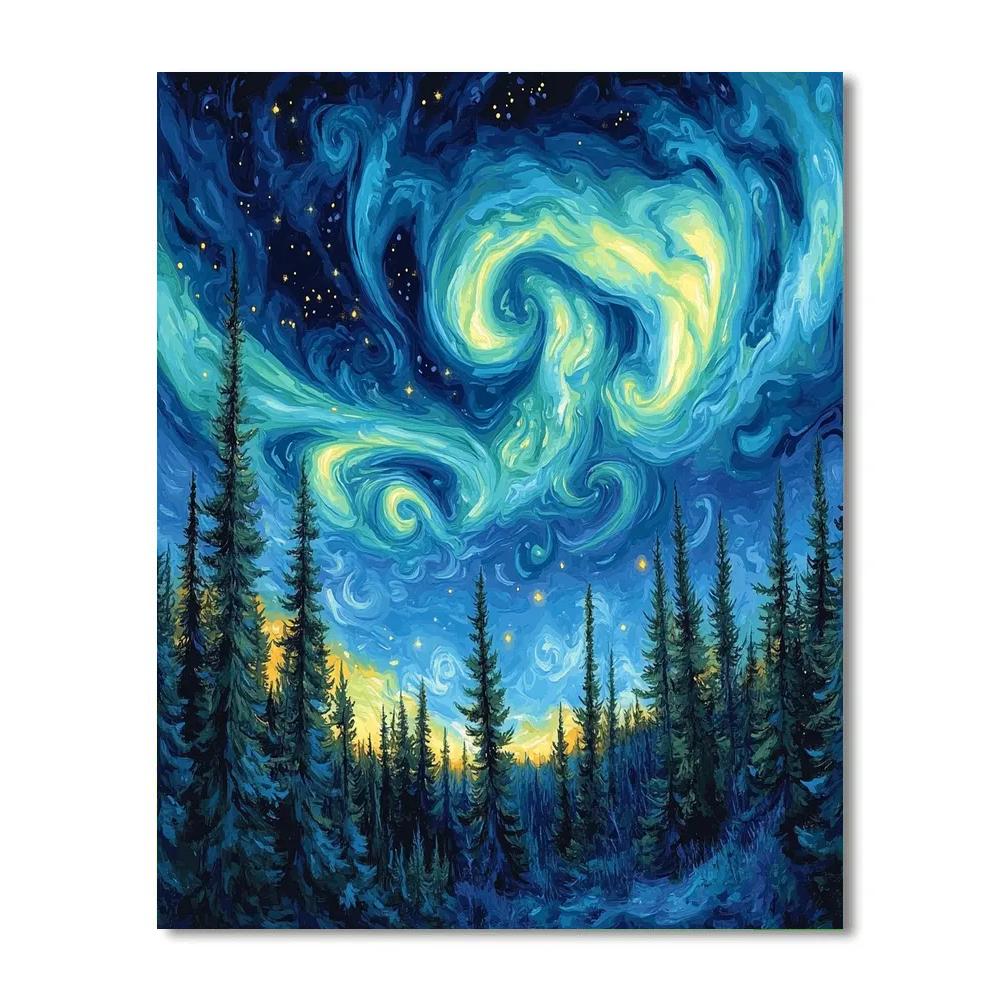 Van Gogh Inspired Aurora Over Pine Forest DIY paint by numbers