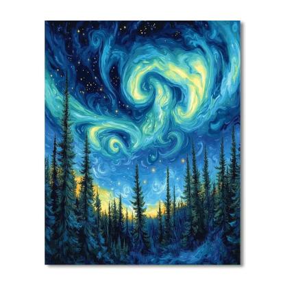 Van Gogh Inspired Aurora Over Pine Forest DIY paint by numbers