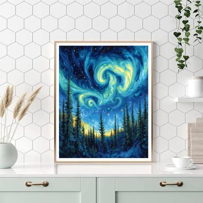 Van Gogh Inspired Aurora Over Pine Forest DIY paint by numbers