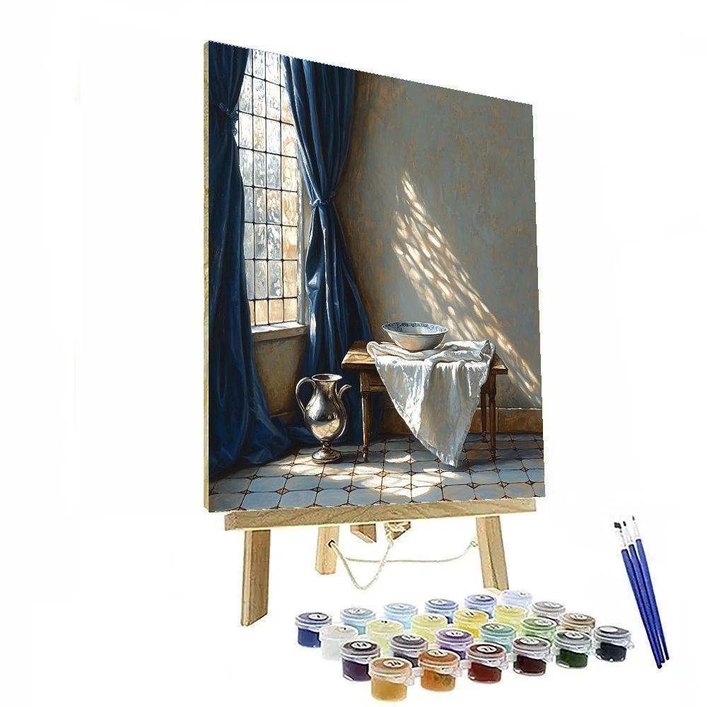 Johannes Vermeer Inspired Lapis Curtain And Sunlit Pewter Pitcher painting number kit