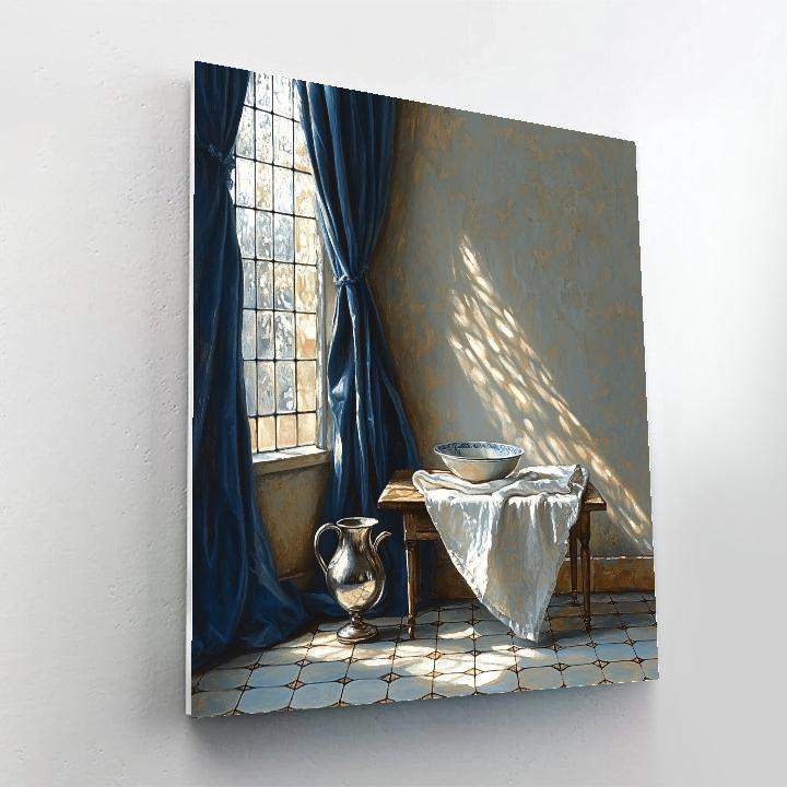 Johannes Vermeer Inspired Lapis Curtain And Sunlit Pewter Pitcher painting number kit