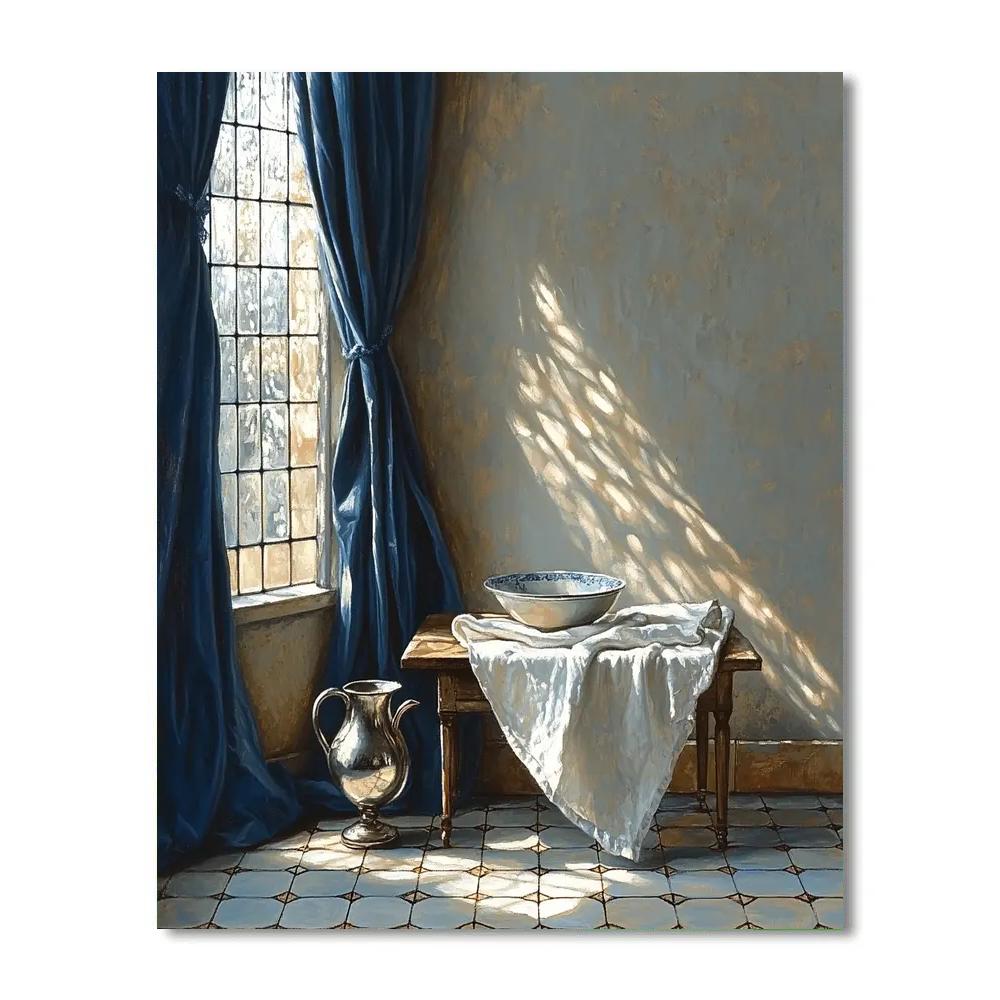 Johannes Vermeer Inspired Lapis Curtain And Sunlit Pewter Pitcher painting number kit