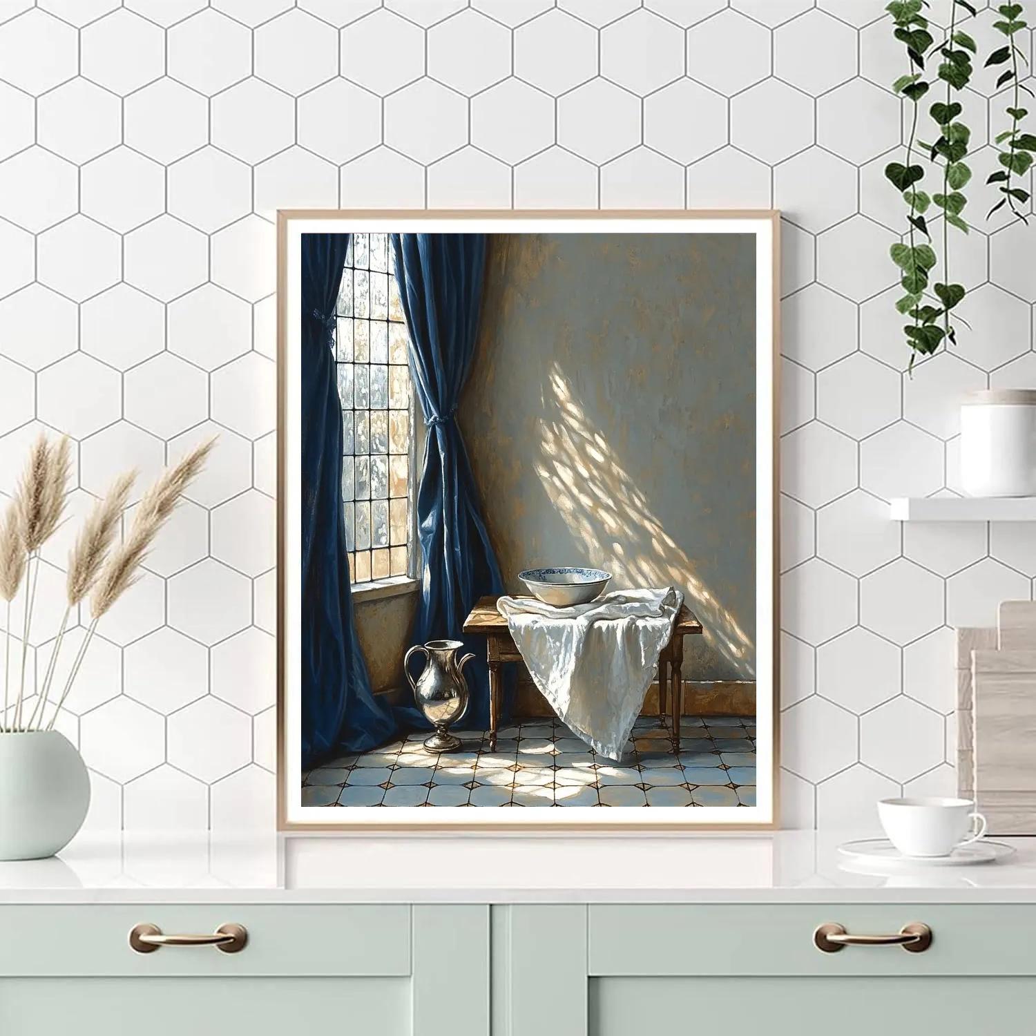 Johannes Vermeer Inspired Lapis Curtain And Sunlit Pewter Pitcher painting number kit