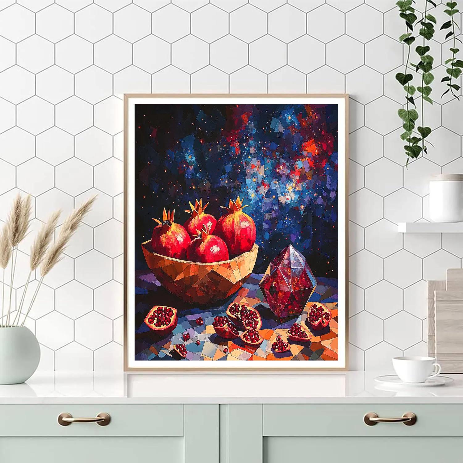 Pablo Picasso Inspired Cubist Nebula Still Life With Fractured Pomegranates paint by color