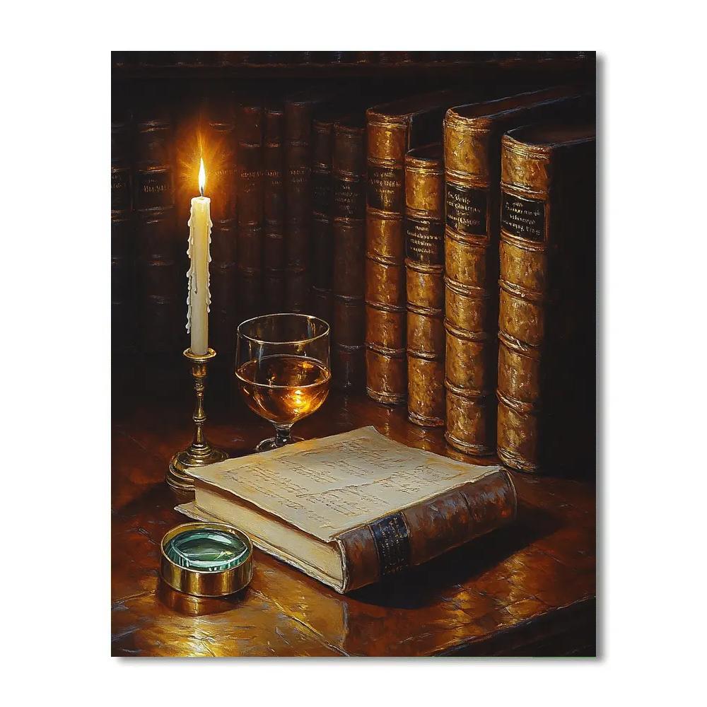 Rembrandt Inspired Candlelit Library Still Life paint by number