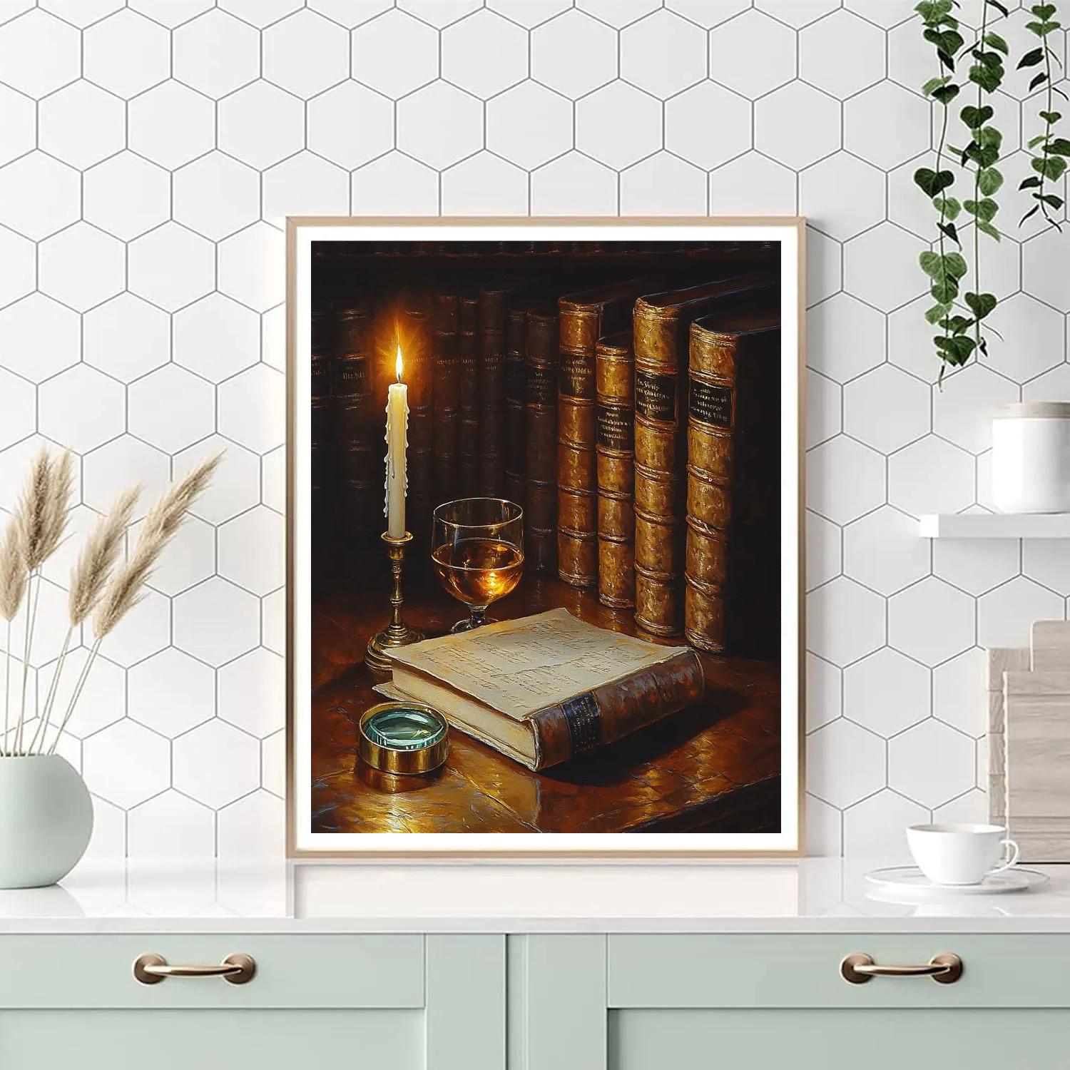 Rembrandt Inspired Candlelit Library Still Life paint by number