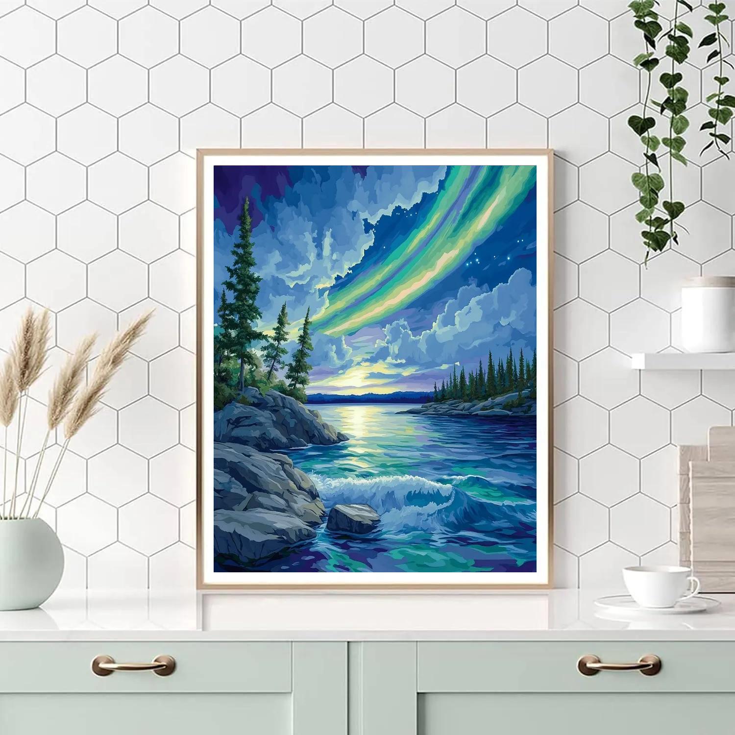 Franklin Carmichael Inspired Aurora Over Granite Shoreline Numbered painting kits