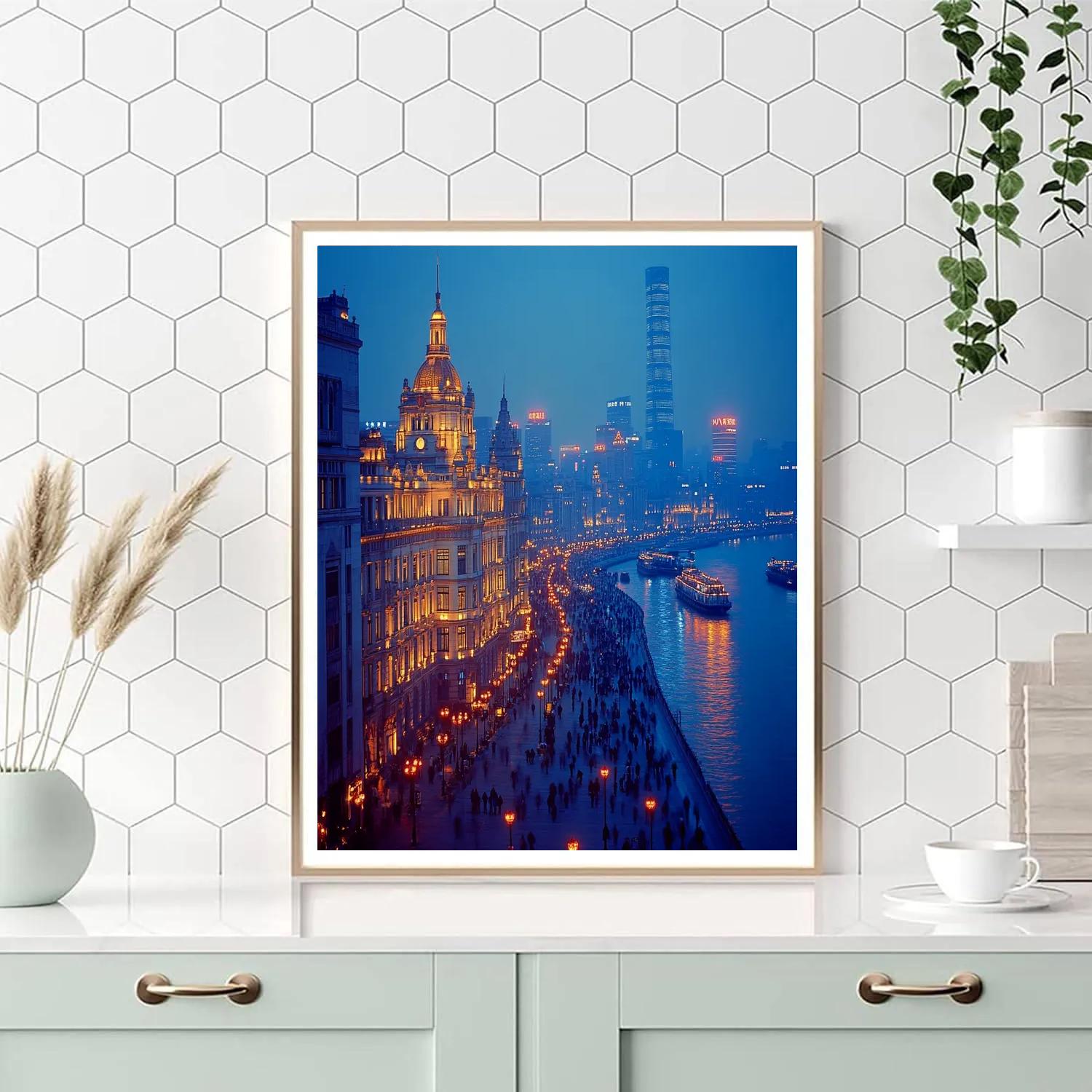 The Bund Riverside Skyline Night Shanghai China Number painting
