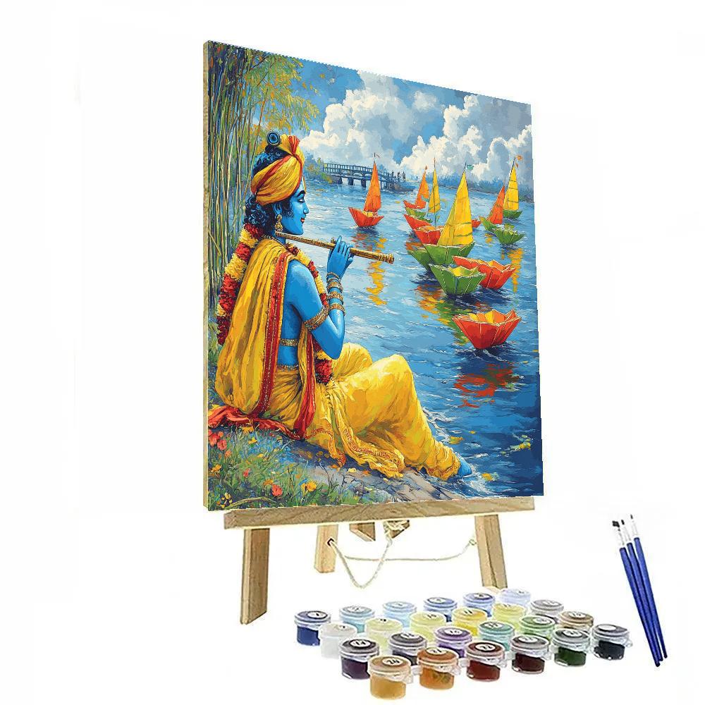 Krishna Playing Flute For A Paper Boat Regatta painting number kit