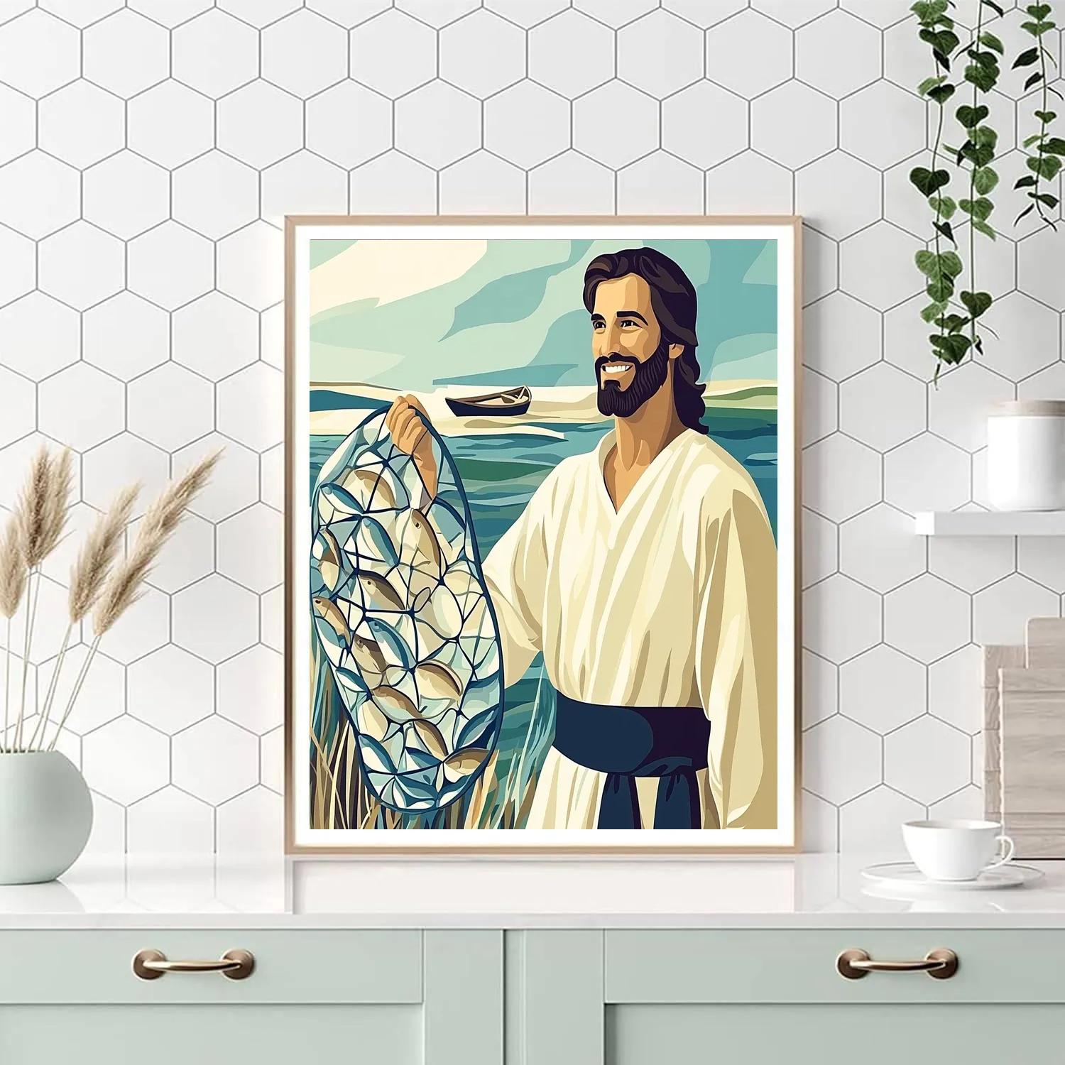 Jesus And The Fisher Net Pattern paint by numbers
