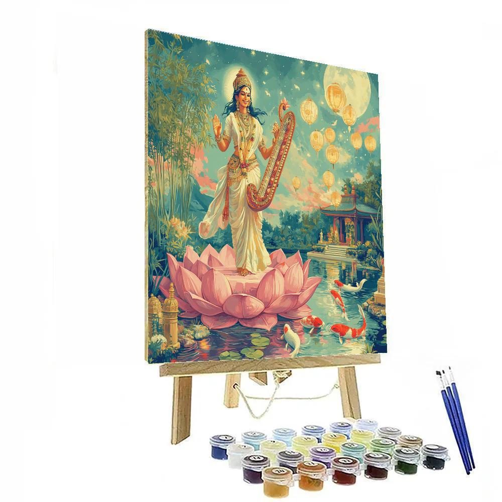 Saraswati Teaching Lantern Koi In A Moonlit Lotus Observatory paint by numbers