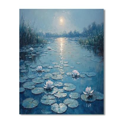 Claude Monet Inspired Lunar Halo Over Waterlily Pond painting number kit
