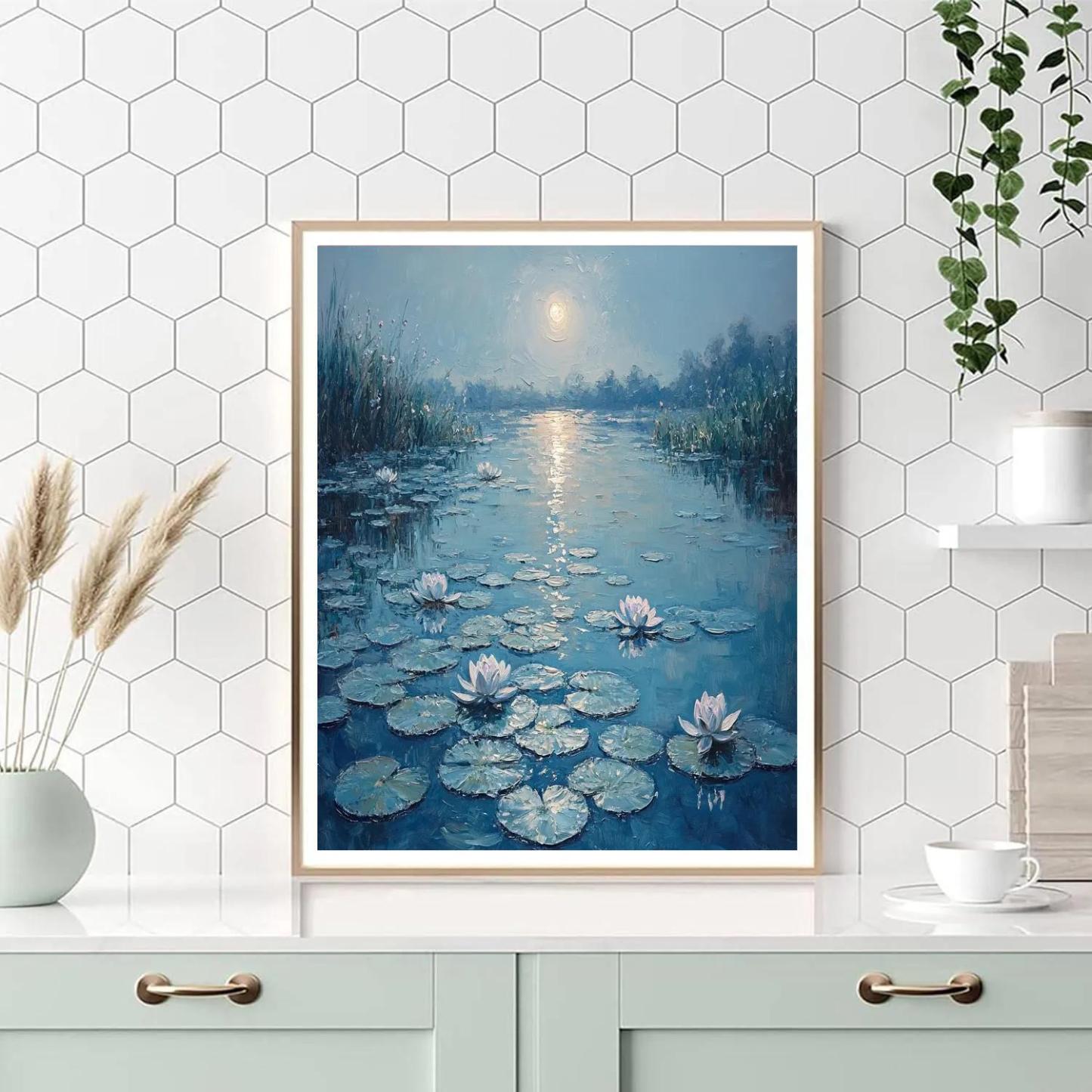 Claude Monet Inspired Lunar Halo Over Waterlily Pond painting number kit