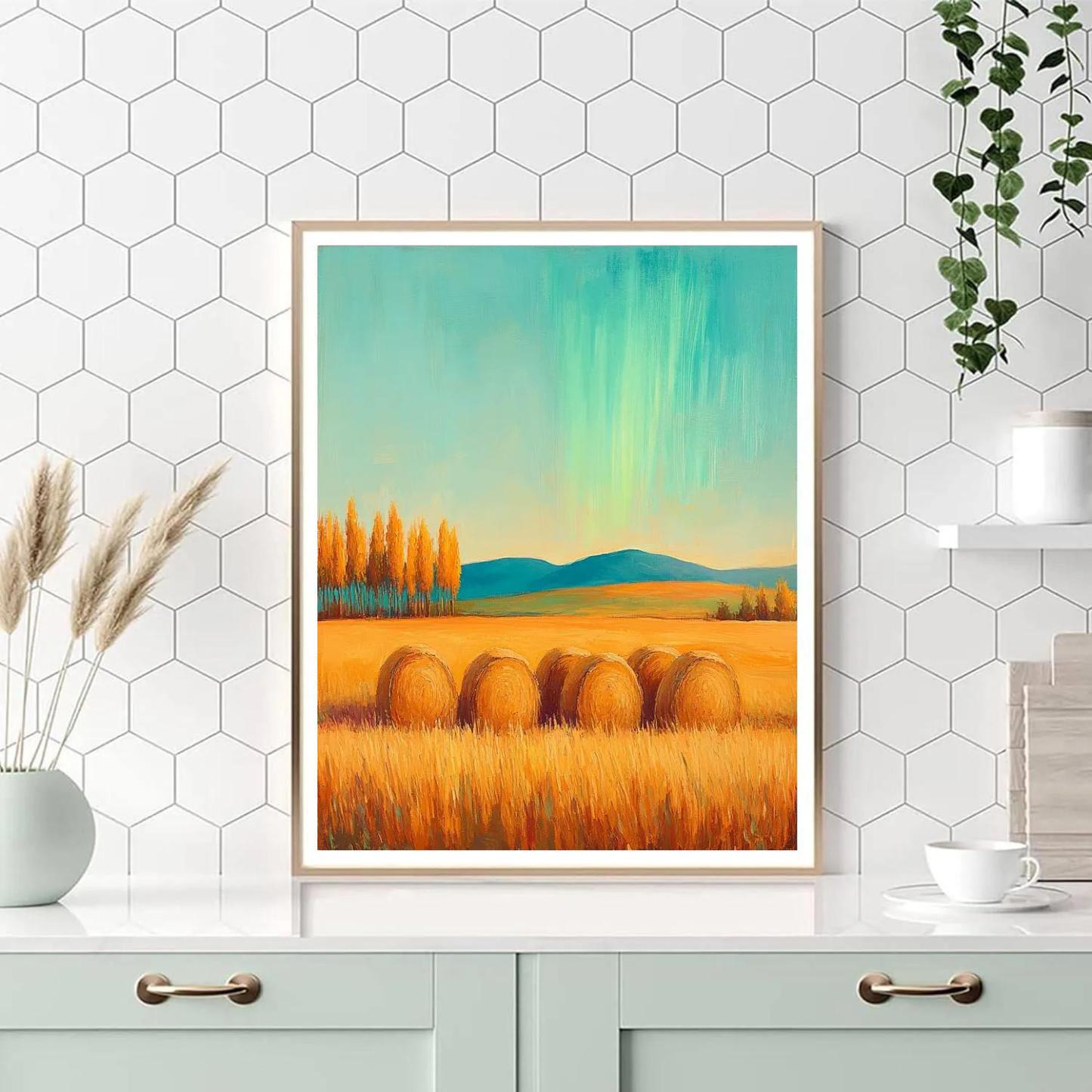 Claude Monet Inspired Aurora Haze Over Autumn Haystacks paint by number