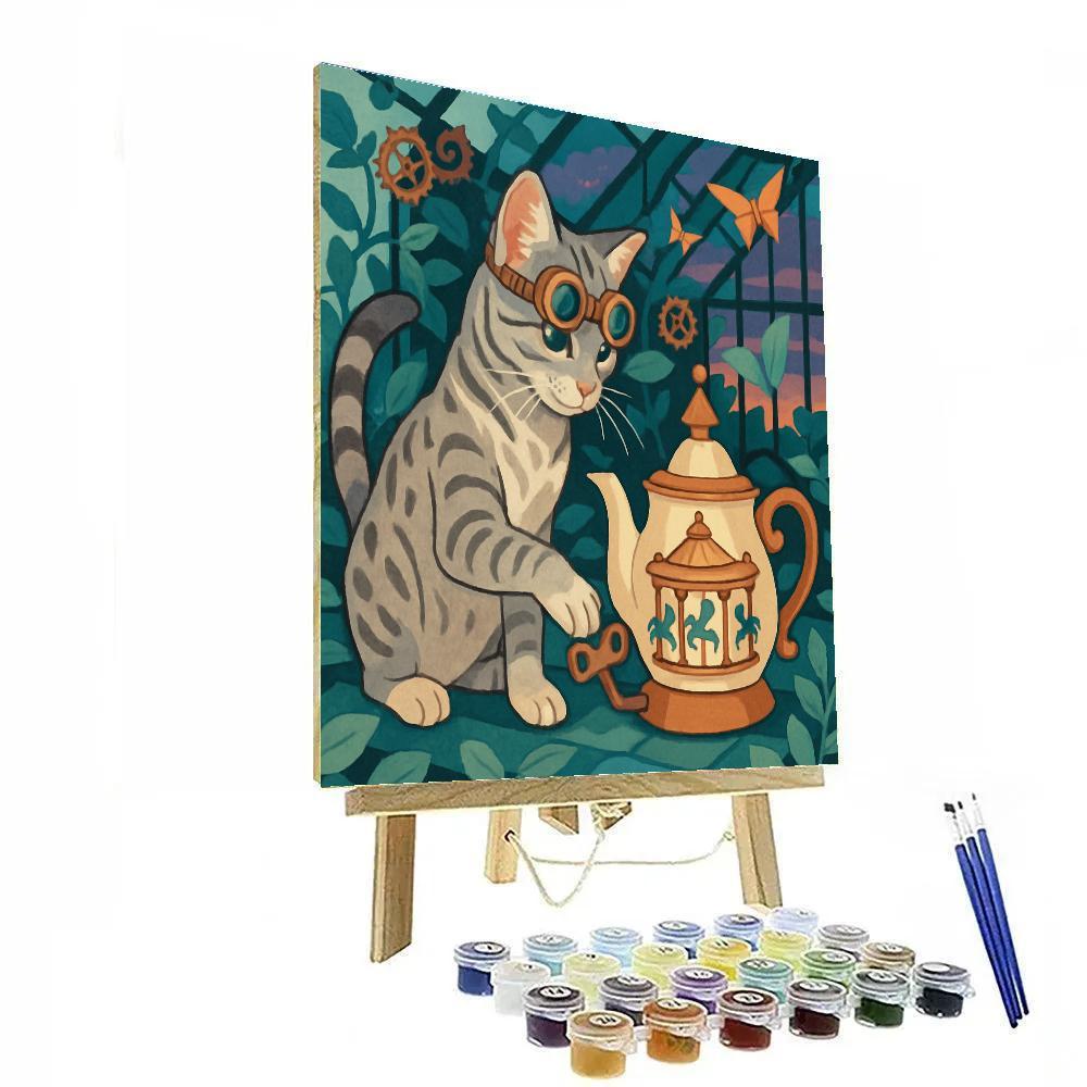 Clockwork Tea Garden With Cat Guardian paint by numbers
