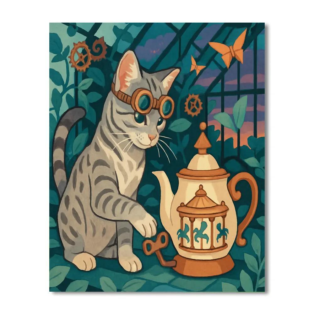 Clockwork Tea Garden With Cat Guardian paint by numbers