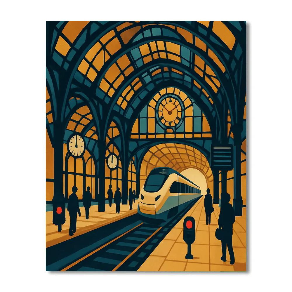 Cathedral Clockhall With Train Arrival Numbered painting kits