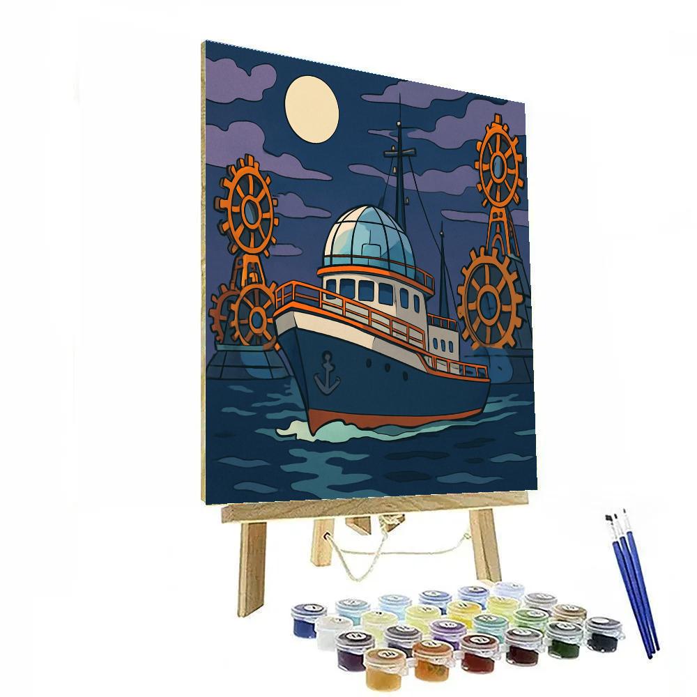 Clockwork Harbor With Ship In Moonlit Glass Numbered painting kits