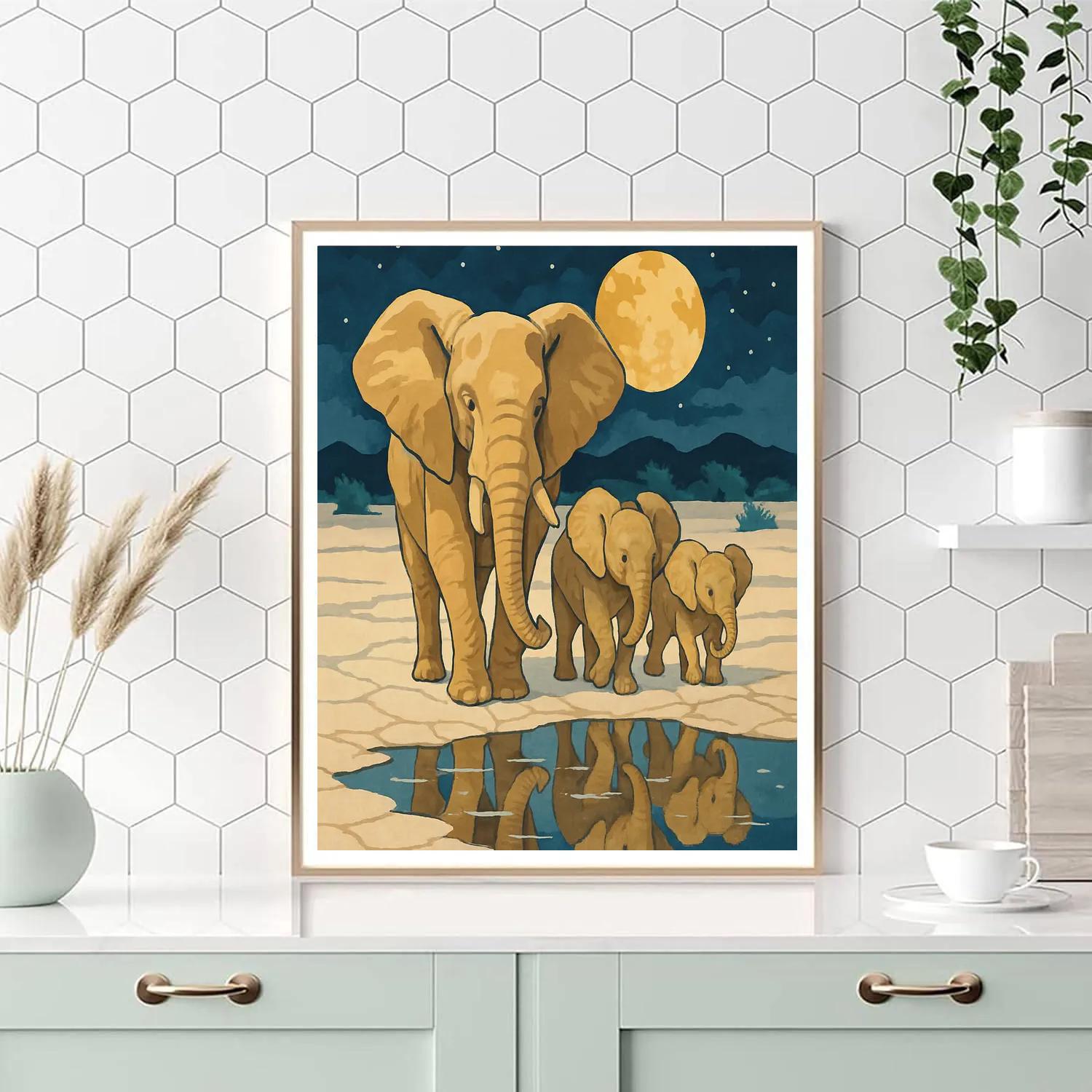 Moonlit Salt Flats With Elephant Silhouettes paint by number