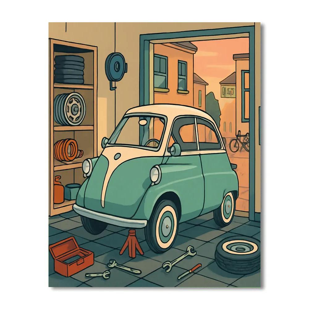 Paper Cut Garage Scene, Cars paint by number