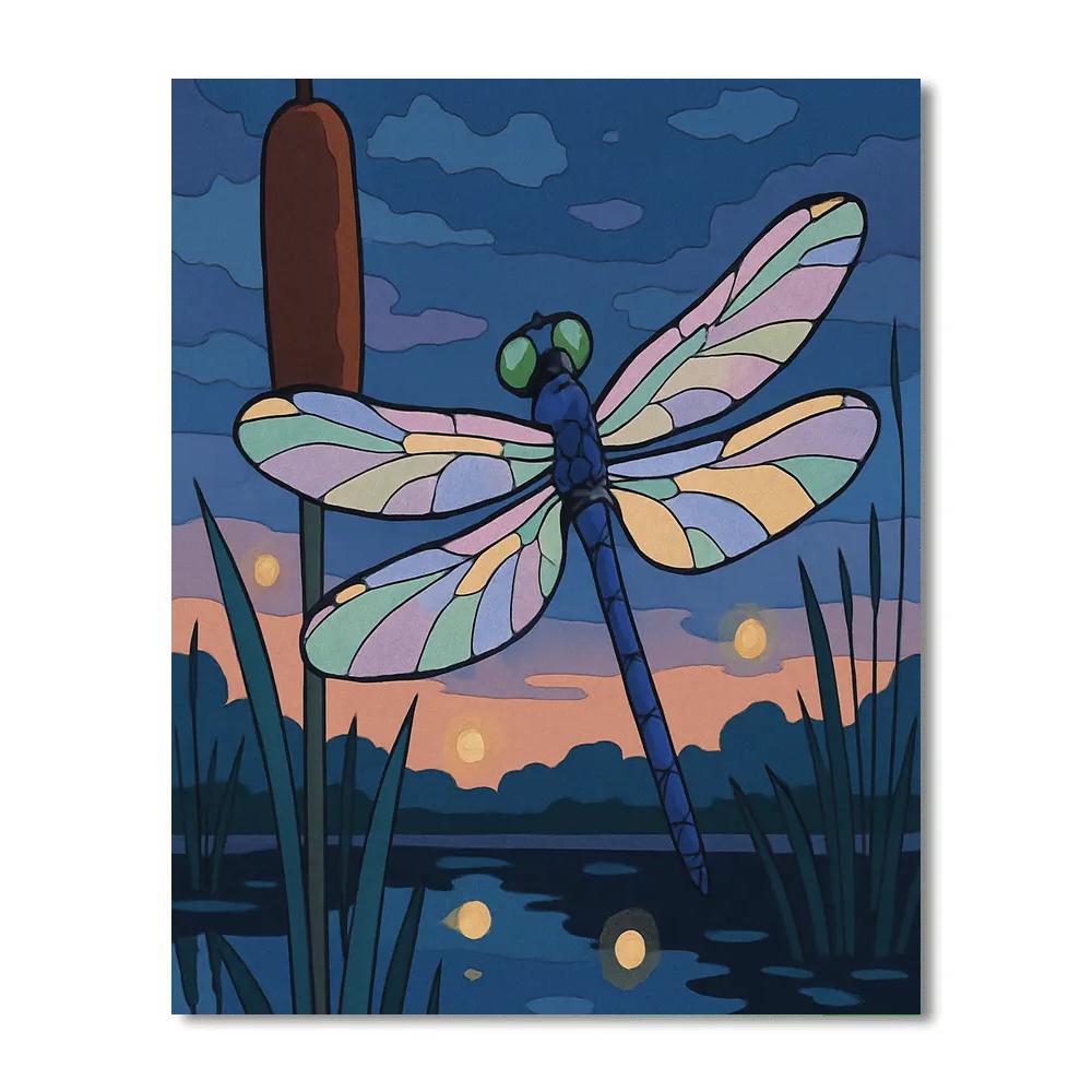 Marsh Lanterns With Dragonfly Silhouette paint by numbers