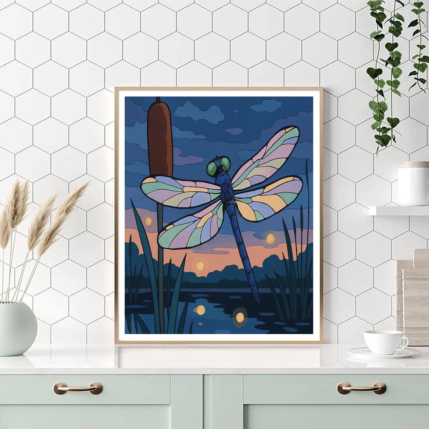 Marsh Lanterns With Dragonfly Silhouette paint by numbers