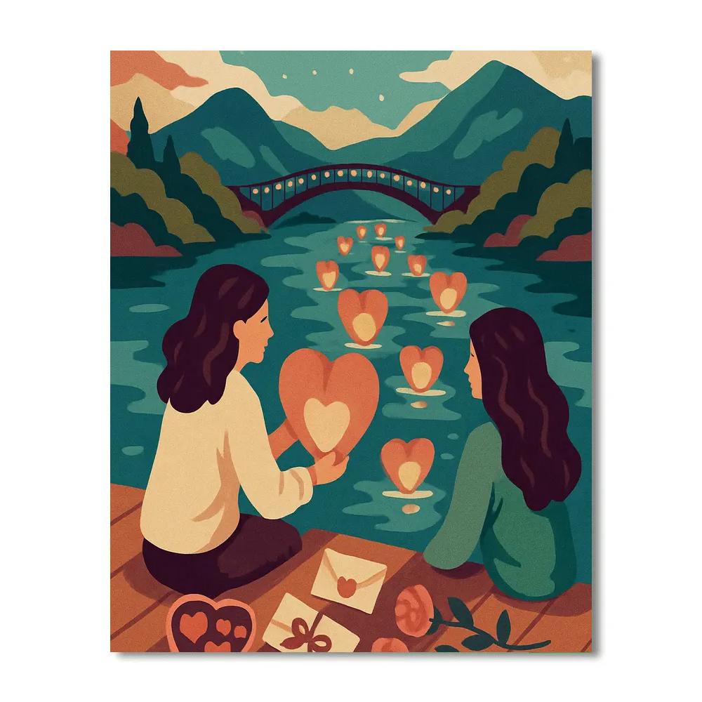 Lanterns Over River, A Whisper Of Valentines Day paint by color