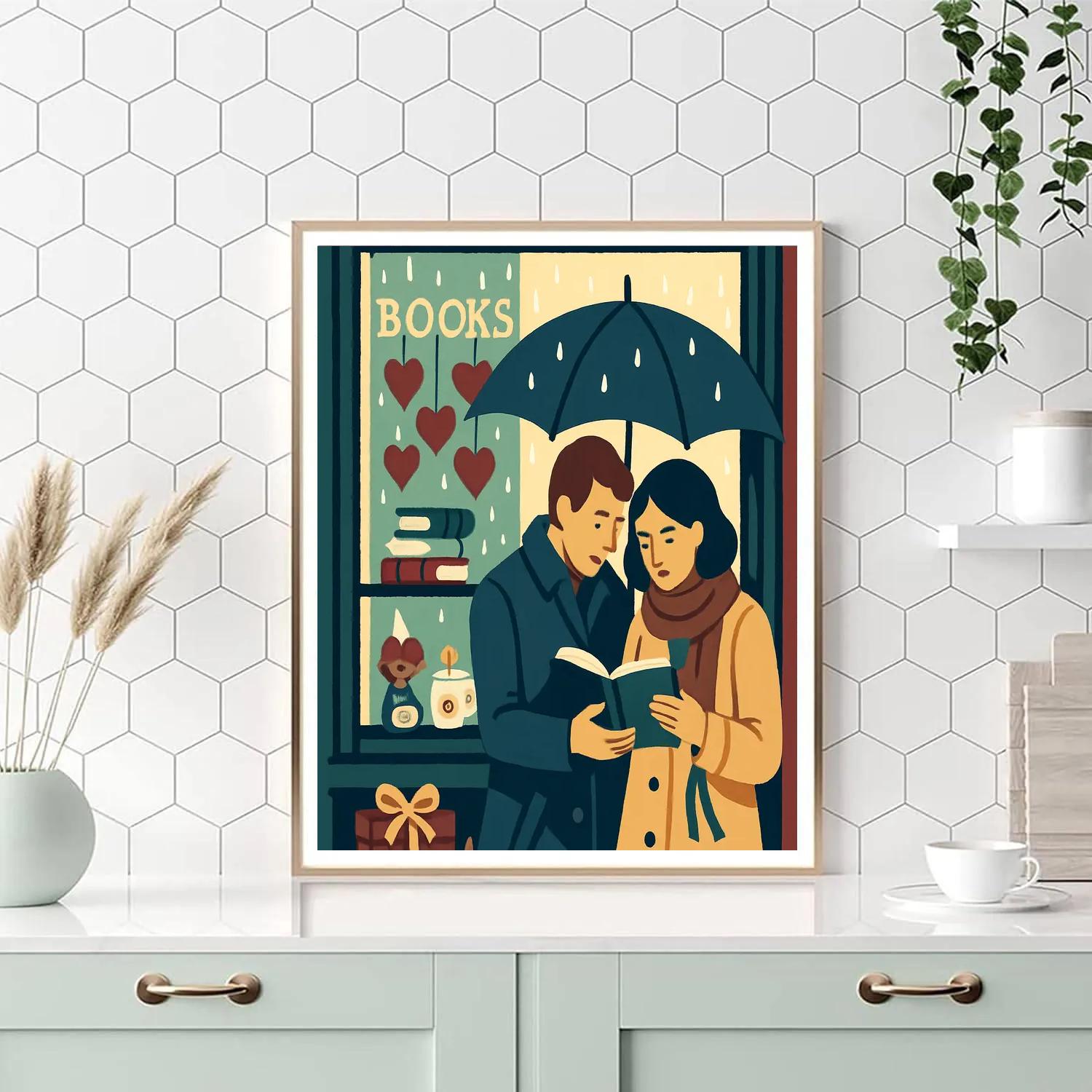 Valentines Day Rainy Bookshop Window Scene Numbered painting kits