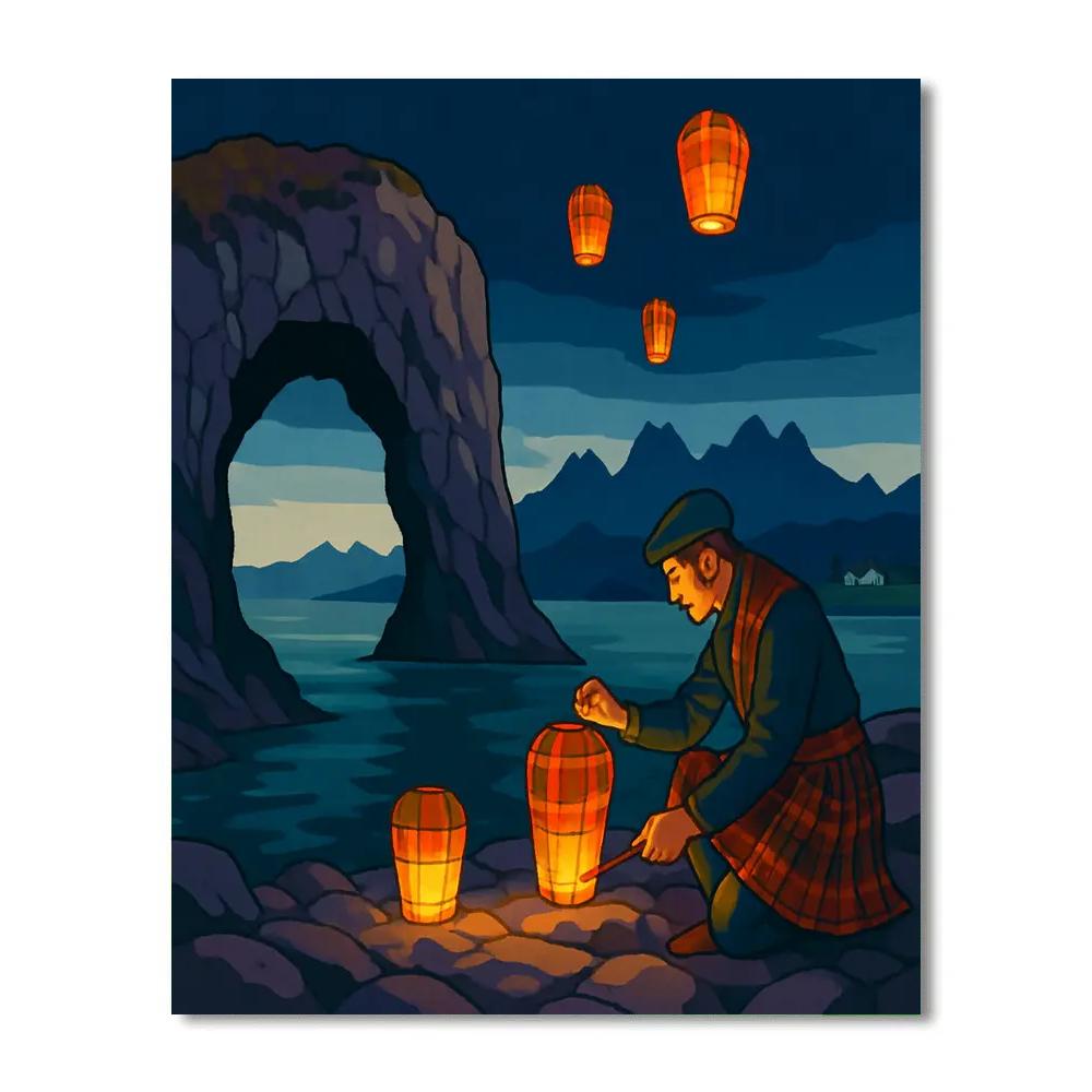 Midnight Tartan Lanterns, Scotland Coastline paint by number