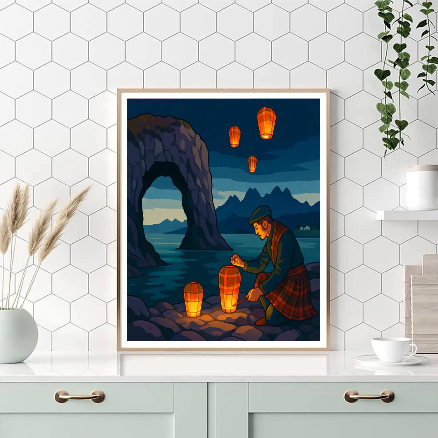 Midnight Tartan Lanterns, Scotland Coastline paint by number