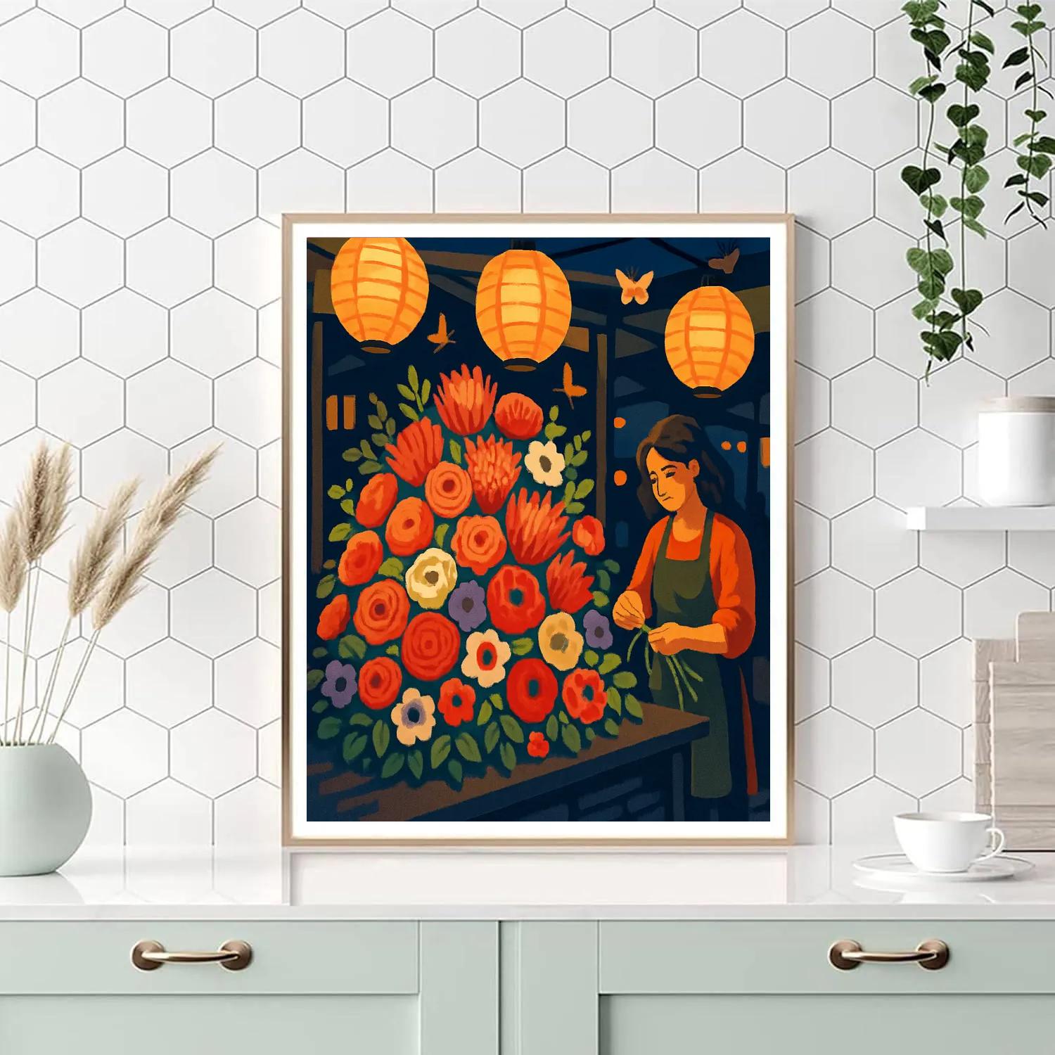 Lantern Lit Night Market With Flowers DIY paint by numbers