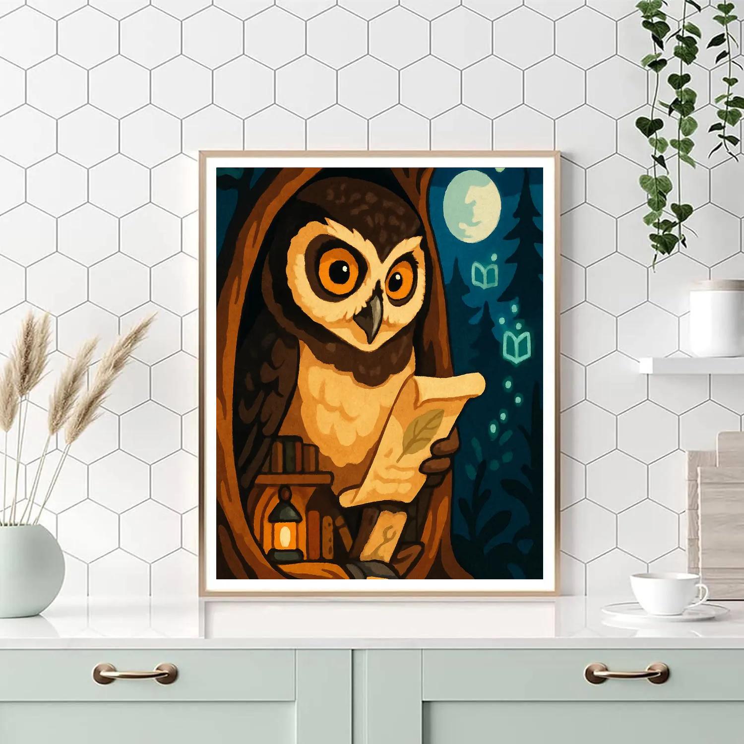 Lantern Library Owl Number painting