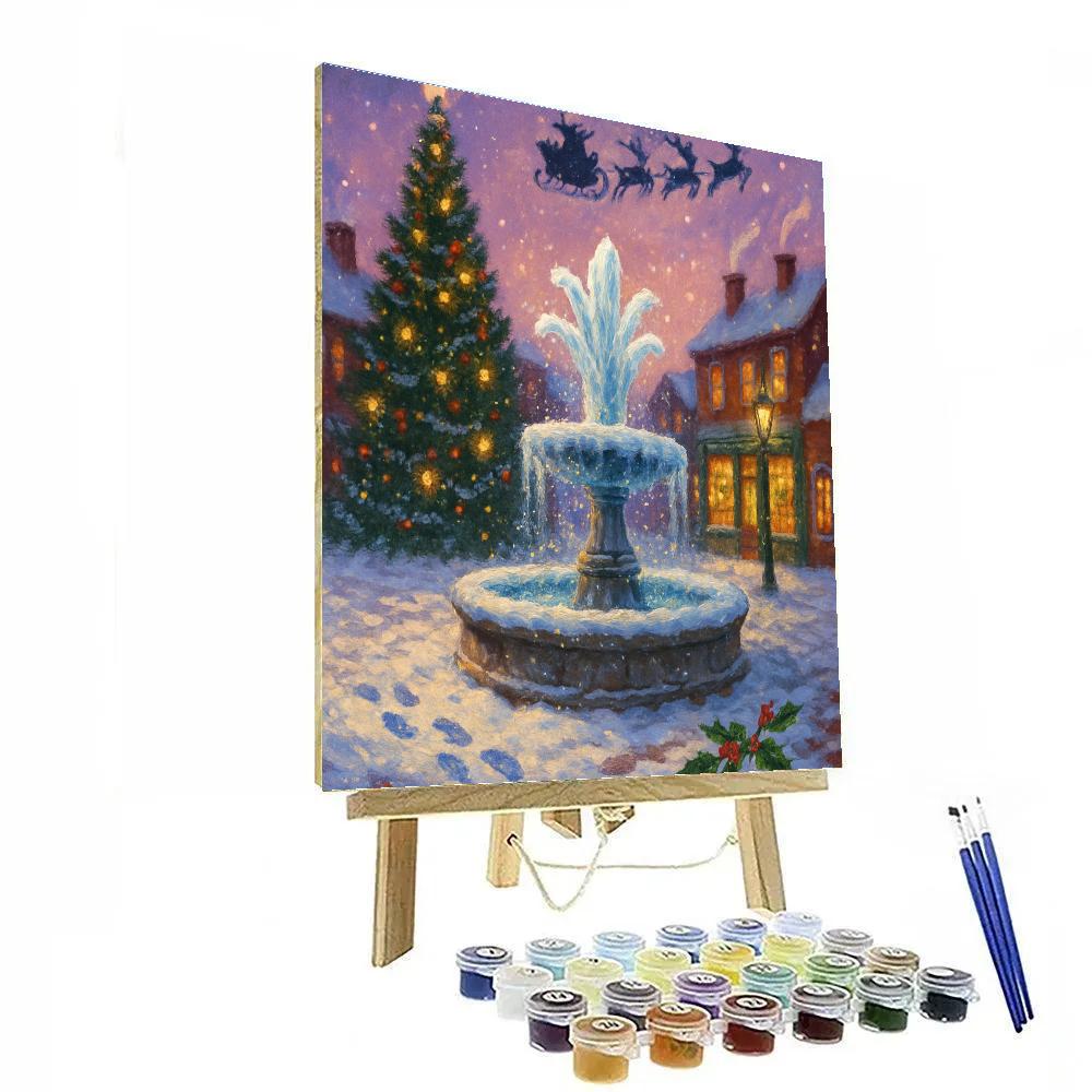Santa Sleigh Reflection In A Snowy Town Fountain painting number kit