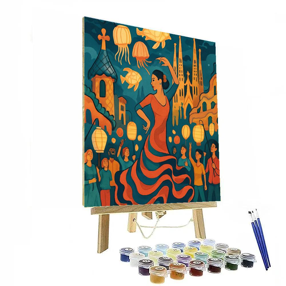 Gaudi Inspired Spain Skyline Lantern Parade paint by numbers