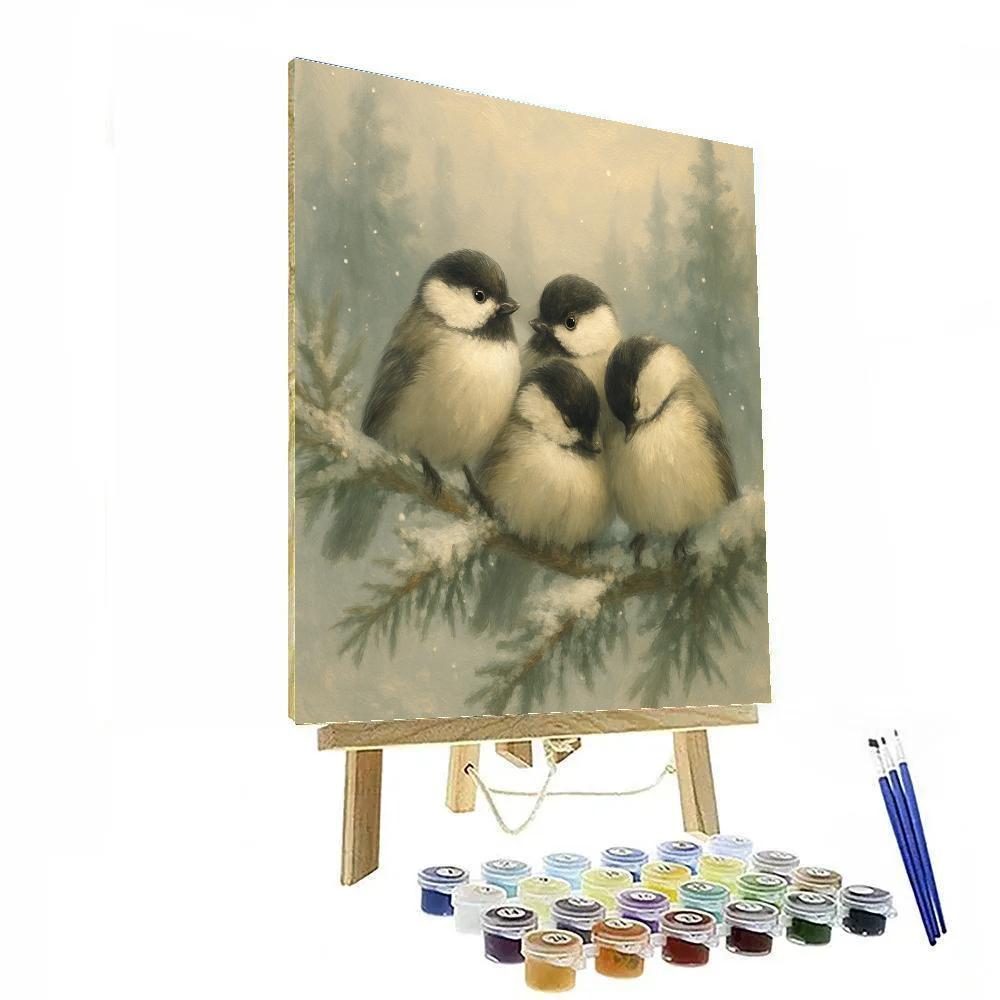 Snowy Pines With Resting Chickadees Number painting