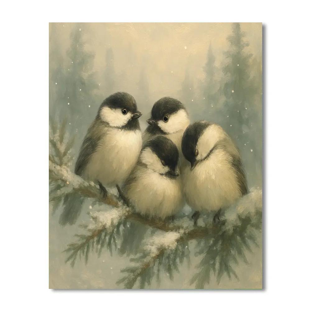 Snowy Pines With Resting Chickadees Number painting