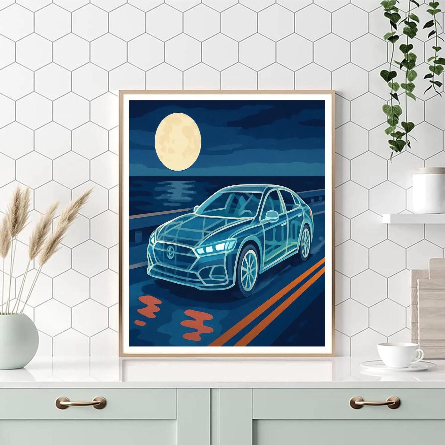Tideglass Cars On The Moonlit Causeway Number painting