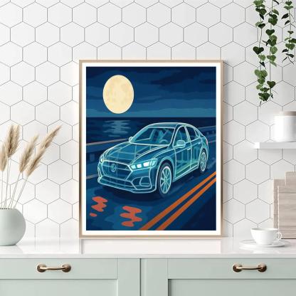 Tideglass Cars On The Moonlit Causeway Number painting