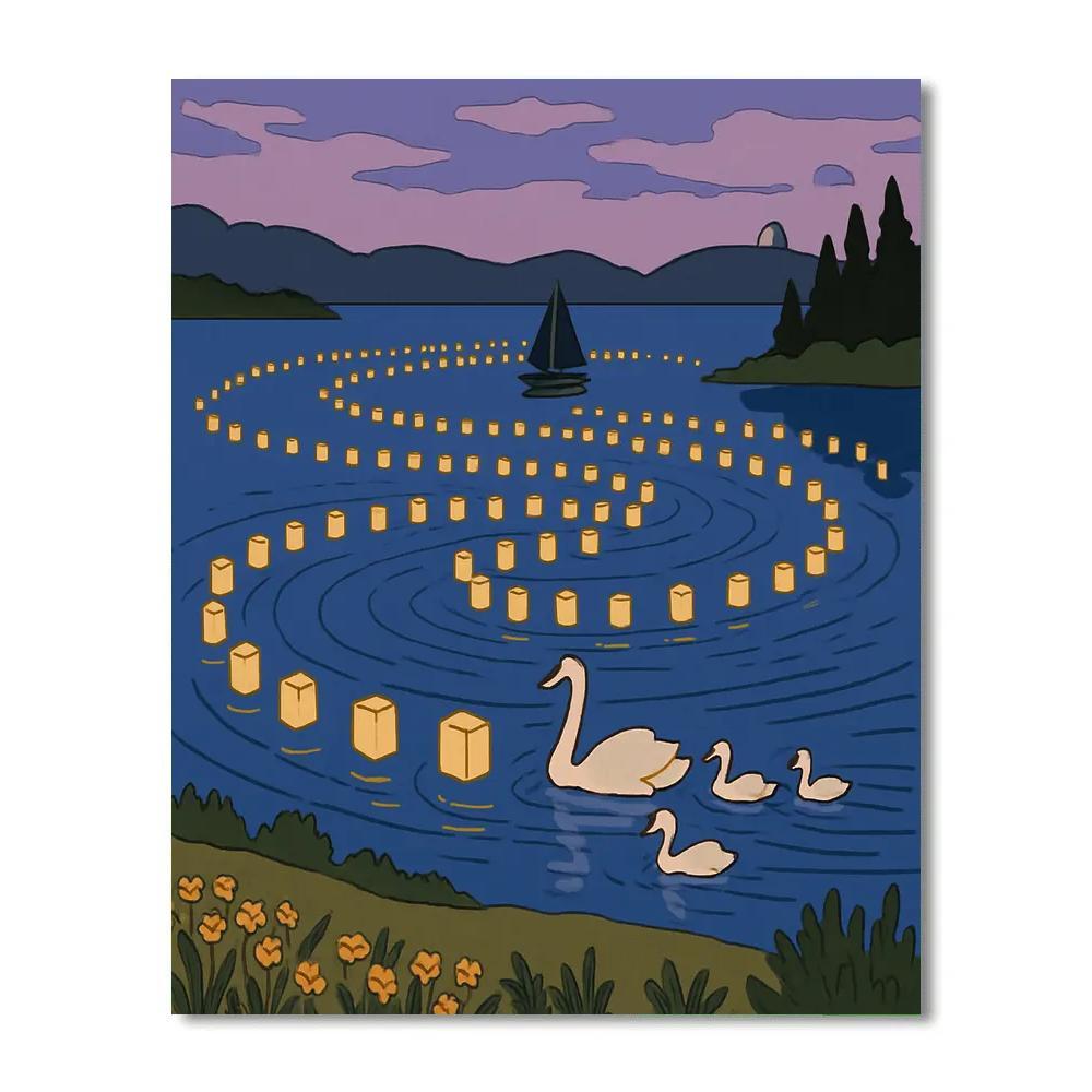 Starlit Lanterns Over The Lake Numbered painting kits