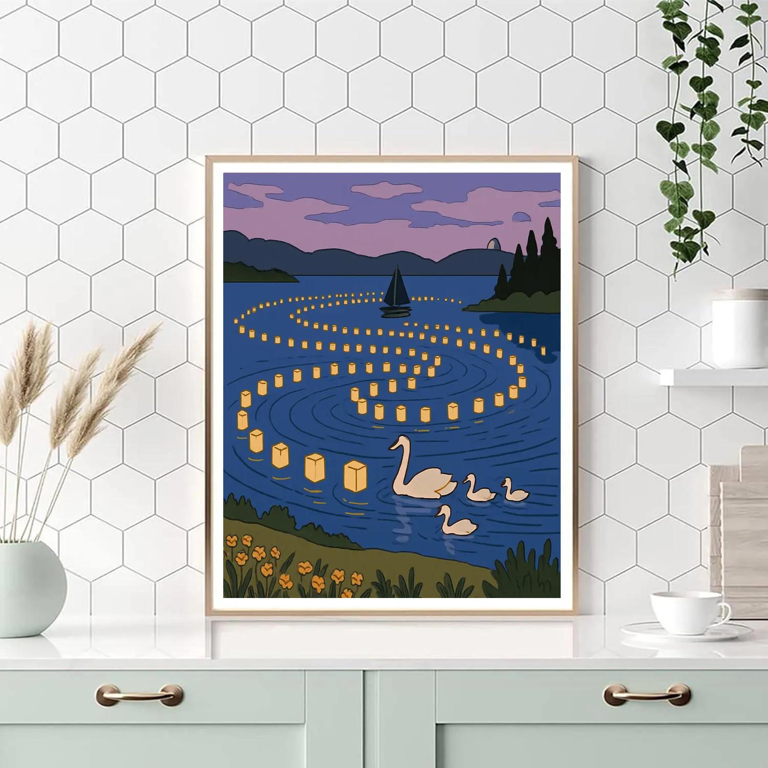 Starlit Lanterns Over The Lake Numbered painting kits